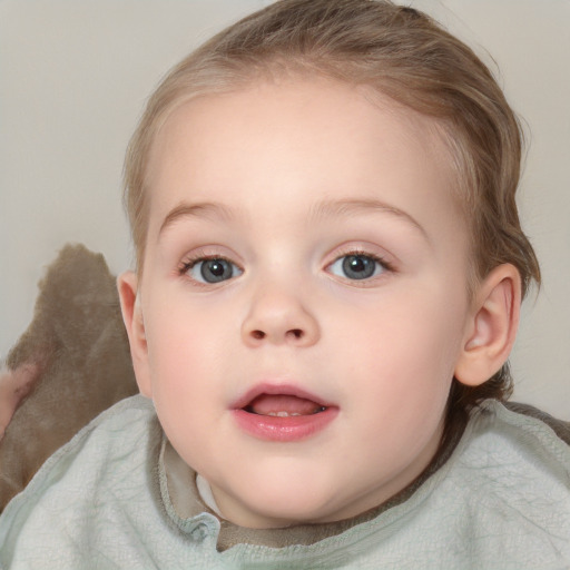 Neutral white child female with medium  brown hair and blue eyes