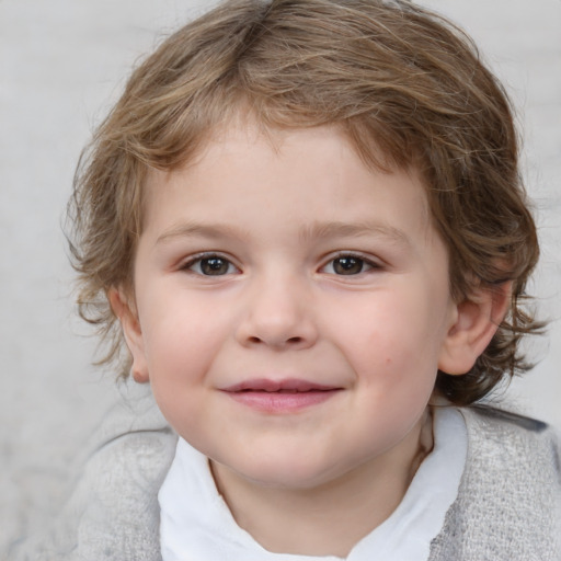 Joyful white child female with medium  brown hair and grey eyes