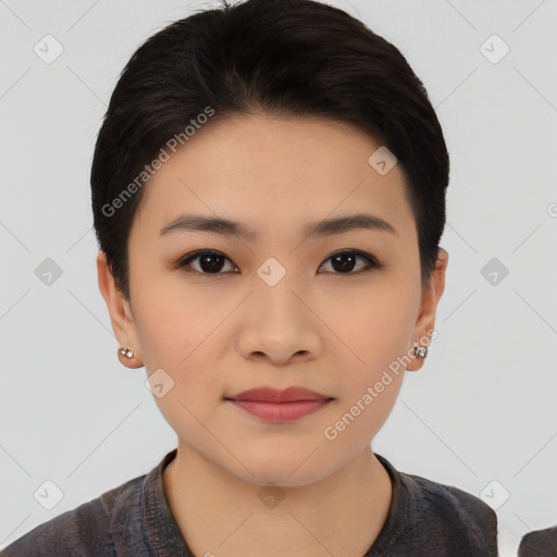 Neutral asian young-adult female with short  black hair and brown eyes