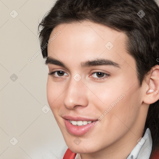 Joyful white young-adult male with medium  brown hair and brown eyes