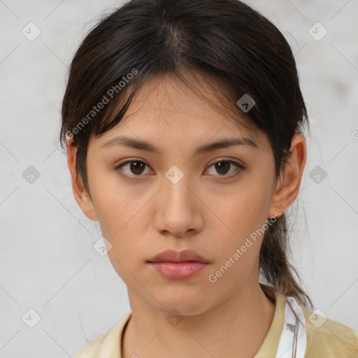 Neutral white young-adult female with medium  brown hair and brown eyes