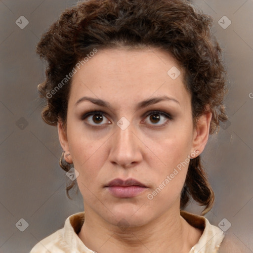 Neutral white young-adult female with short  brown hair and brown eyes