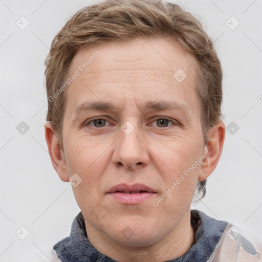 Joyful white adult male with short  brown hair and grey eyes