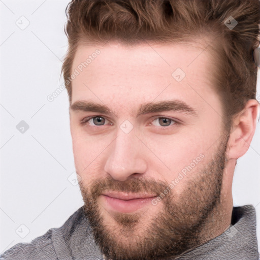 Neutral white young-adult male with short  brown hair and grey eyes