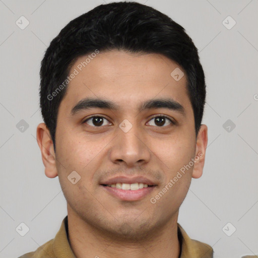 Joyful latino young-adult male with short  black hair and brown eyes