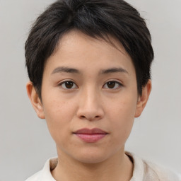 Neutral asian young-adult female with short  brown hair and brown eyes