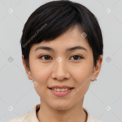 Joyful asian young-adult female with short  brown hair and brown eyes