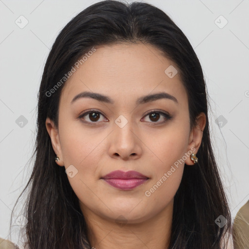 Joyful white young-adult female with long  brown hair and brown eyes