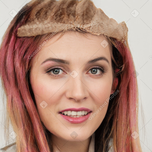 Joyful white young-adult female with long  brown hair and blue eyes