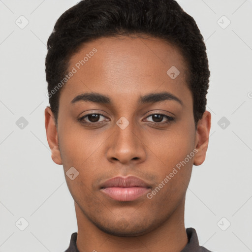 Neutral latino young-adult male with short  brown hair and brown eyes