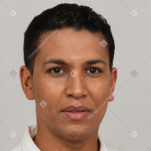 Neutral latino adult male with short  brown hair and brown eyes