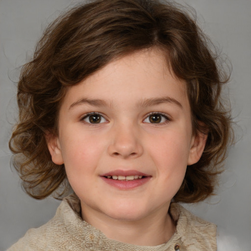 Joyful white child female with medium  brown hair and brown eyes