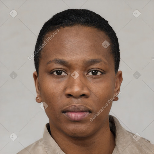 Neutral black young-adult female with short  black hair and brown eyes