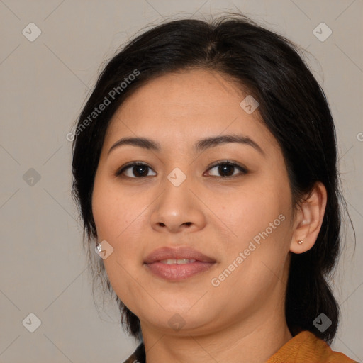 Joyful asian young-adult female with medium  brown hair and brown eyes