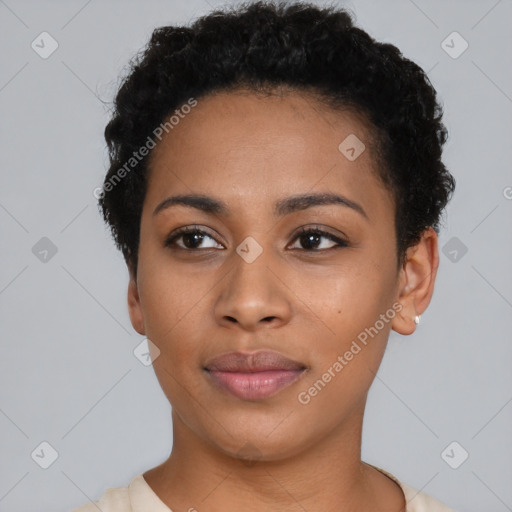 Neutral black young-adult female with short  black hair and brown eyes