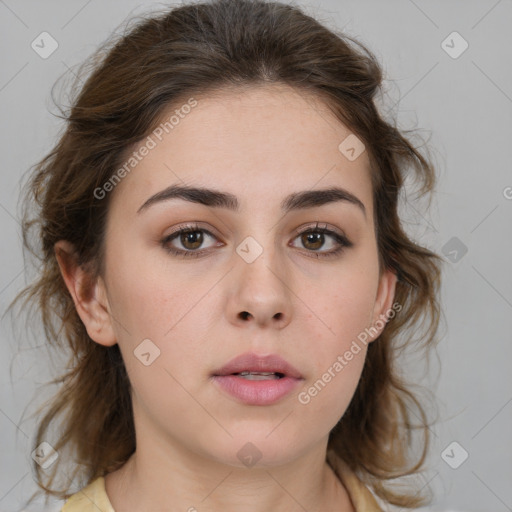 Neutral white young-adult female with medium  brown hair and brown eyes