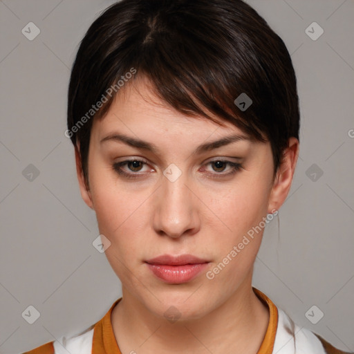 Neutral white young-adult female with short  brown hair and brown eyes