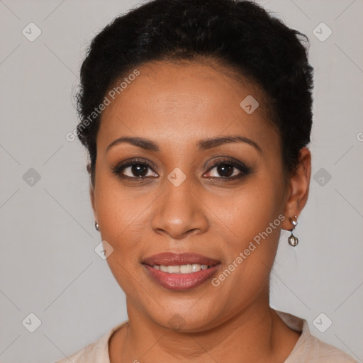 Joyful latino young-adult female with short  brown hair and brown eyes