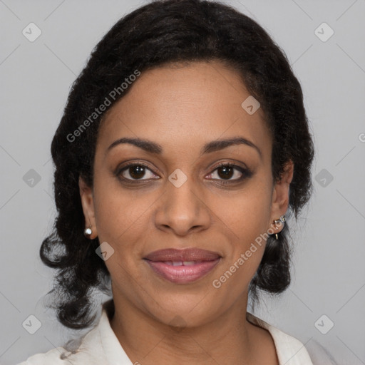 Joyful black young-adult female with medium  black hair and brown eyes