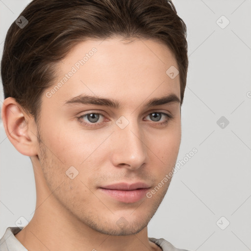 Neutral white young-adult male with short  brown hair and brown eyes