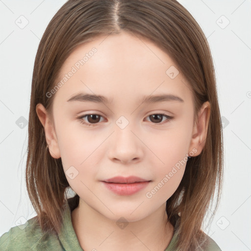 Joyful white child female with medium  brown hair and brown eyes