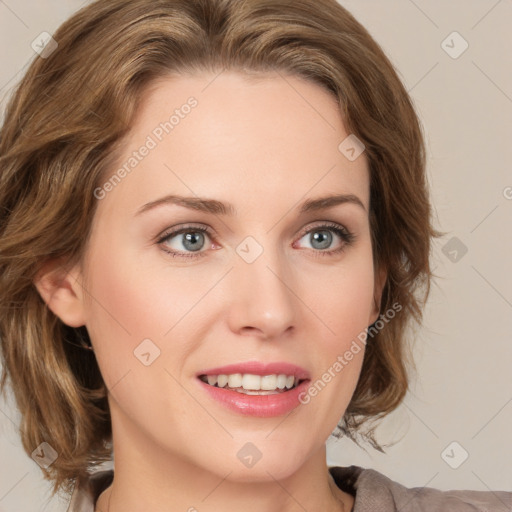 Joyful white young-adult female with medium  brown hair and green eyes