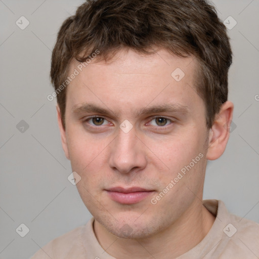 Neutral white young-adult male with short  brown hair and grey eyes