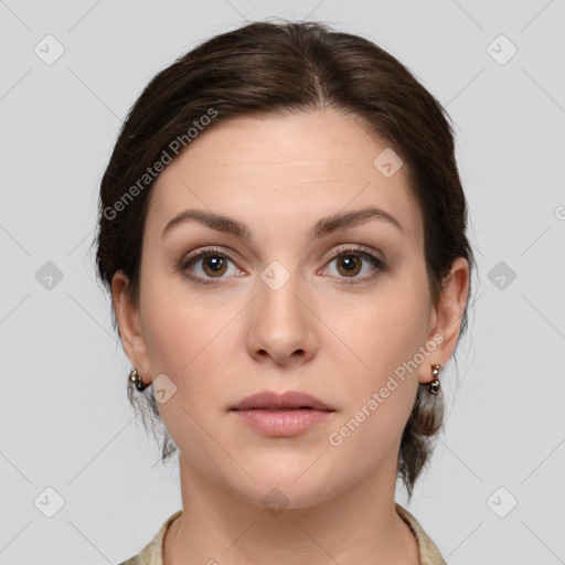 Neutral white young-adult female with medium  brown hair and brown eyes