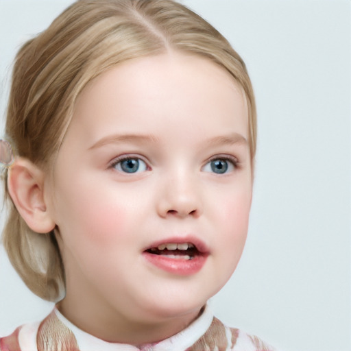 Neutral white child female with medium  brown hair and blue eyes