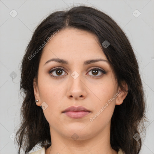 Neutral white young-adult female with medium  brown hair and brown eyes