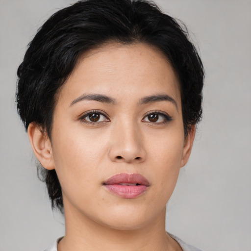 Neutral asian young-adult female with short  black hair and brown eyes