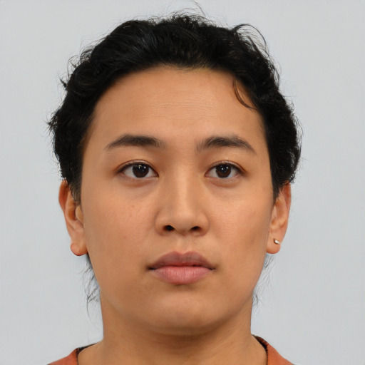Neutral asian young-adult female with short  brown hair and brown eyes