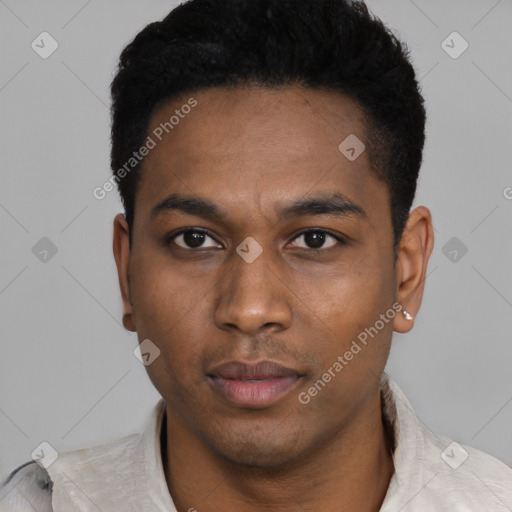 Neutral latino young-adult male with short  black hair and brown eyes