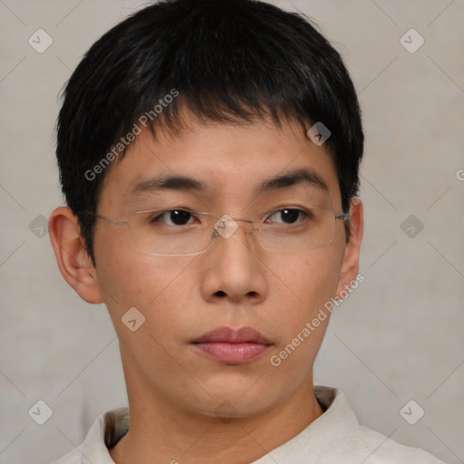 Neutral asian young-adult male with short  brown hair and brown eyes