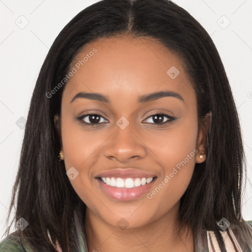 Joyful black young-adult female with long  brown hair and brown eyes