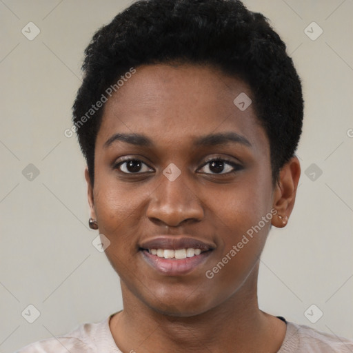 Joyful black young-adult female with short  black hair and brown eyes