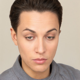 Neutral white young-adult female with short  brown hair and brown eyes