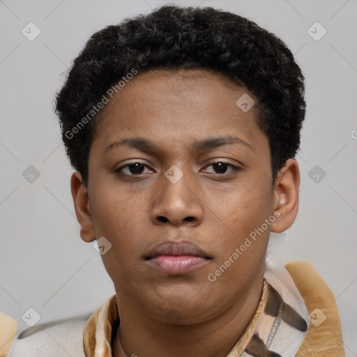 Neutral black young-adult female with short  brown hair and brown eyes