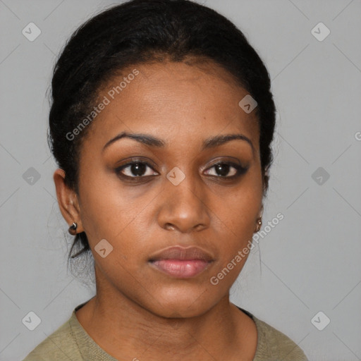 Neutral black young-adult female with short  black hair and brown eyes