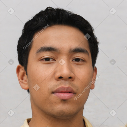 Neutral asian young-adult male with short  black hair and brown eyes