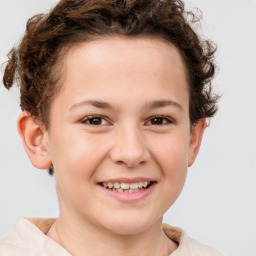 Joyful white child female with short  brown hair and brown eyes