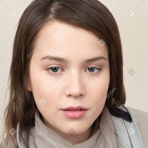 Neutral white young-adult female with medium  brown hair and brown eyes