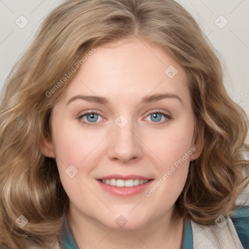 Joyful white young-adult female with medium  brown hair and blue eyes