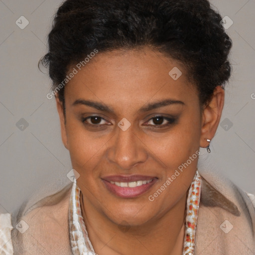 Joyful latino young-adult female with short  brown hair and brown eyes