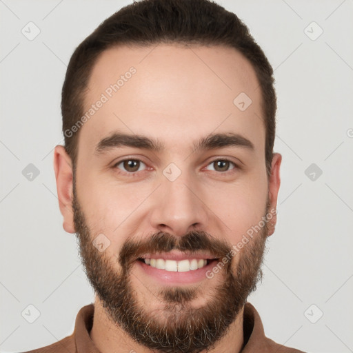 Joyful white young-adult male with short  brown hair and brown eyes