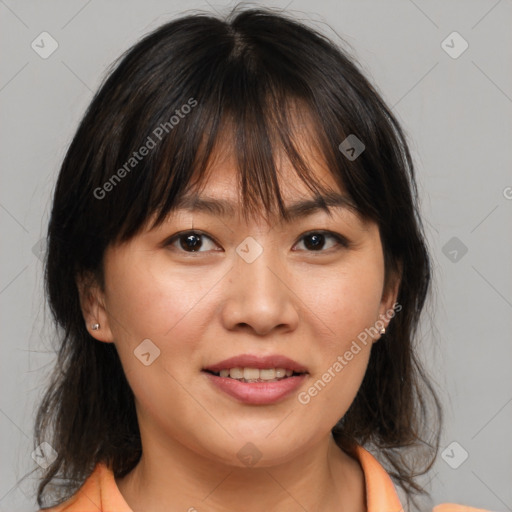 Joyful white young-adult female with medium  brown hair and brown eyes