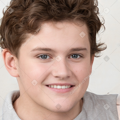 Joyful white child male with short  brown hair and brown eyes