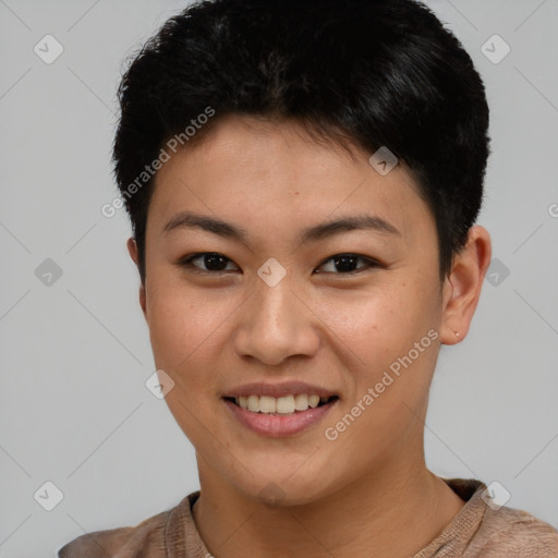 Joyful asian young-adult female with short  brown hair and brown eyes