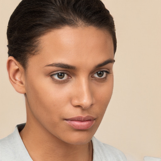 Neutral white young-adult female with short  brown hair and brown eyes