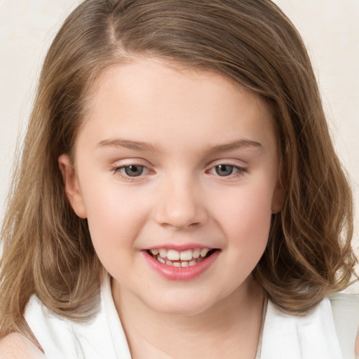 Joyful white child female with medium  brown hair and brown eyes